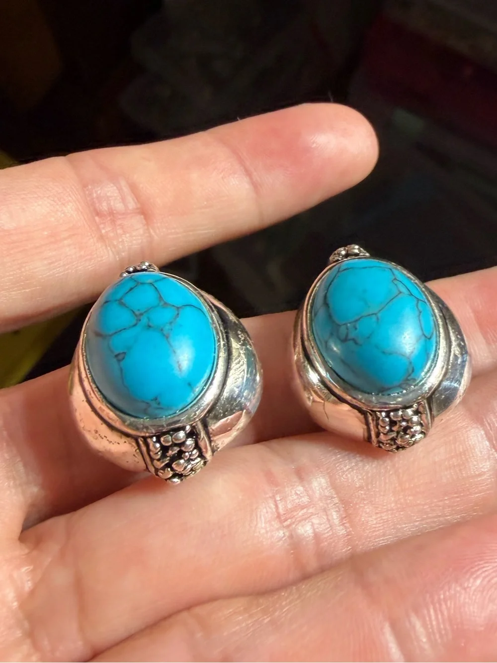 Vintage Premier Designs Turquoise-Style Oval Stone Silver-Tone Clip Earrings